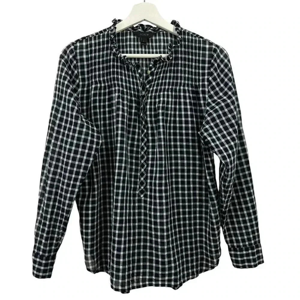 SOLD J. Crew Women’s Ruffle Classic Popover Long Sleeve Top Mini Windowpane